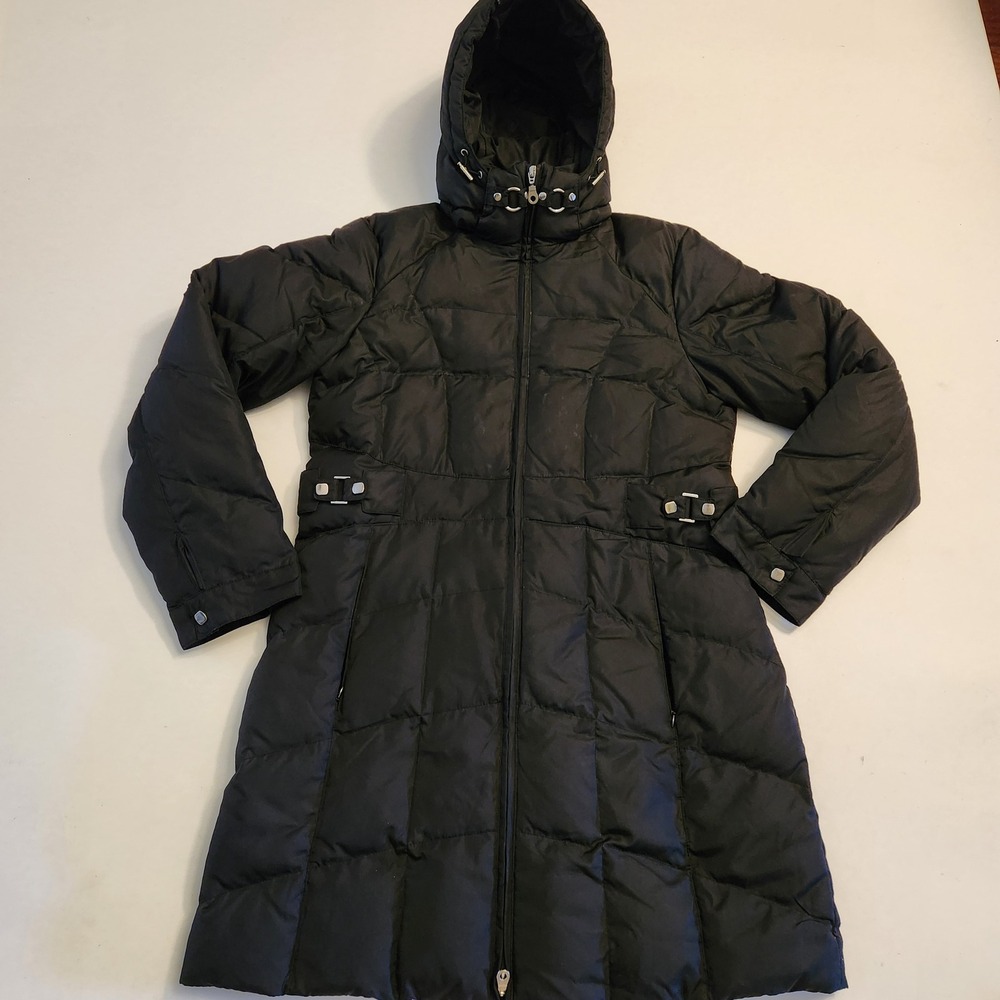 Larry Levine Women Black Down Puffer Coat Long Hooded Quilted Winter Jacket